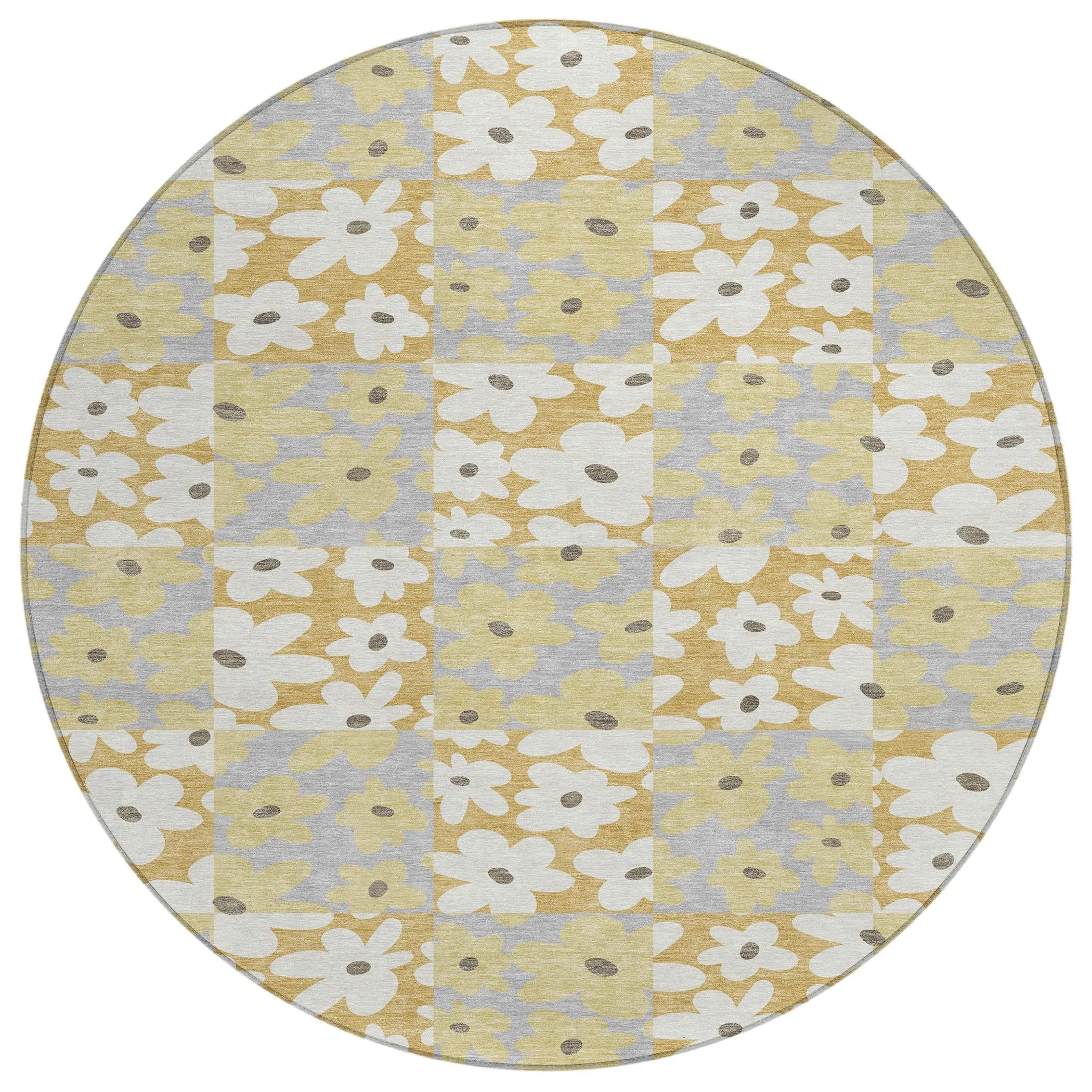 8' Gold And Ivory Round Floral Washable Indoor Outdoor Area Rug Homeroots Outdoor