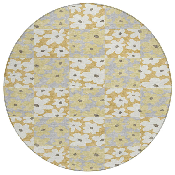 8' Gold And Ivory Round Floral Washable Indoor Outdoor Area Rug Homeroots Outdoor