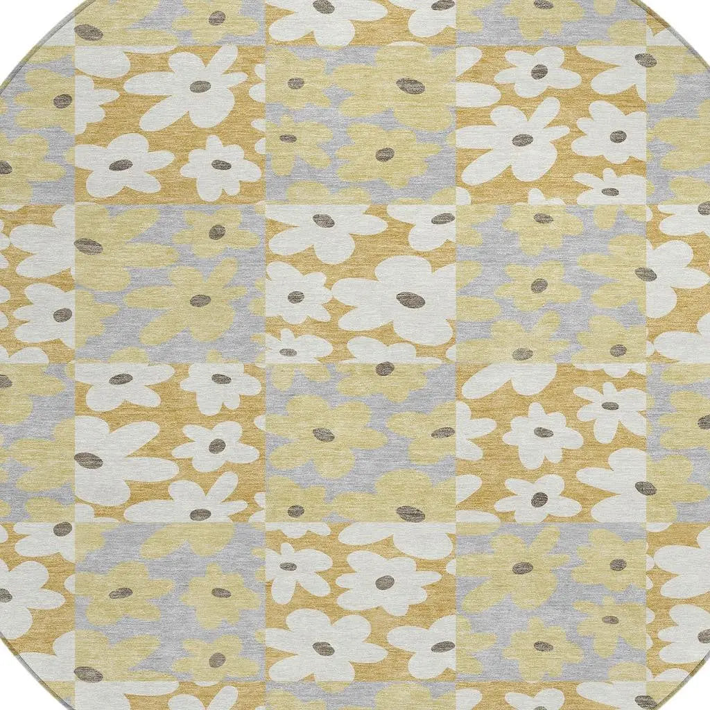 8' Gold And Ivory Round Floral Washable Indoor Outdoor Area Rug Homeroots Outdoor
