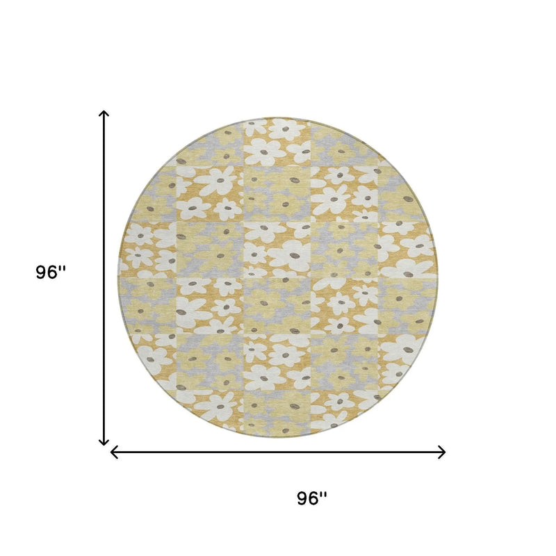 8' Gold And Ivory Round Floral Washable Indoor Outdoor Area Rug Homeroots Outdoor