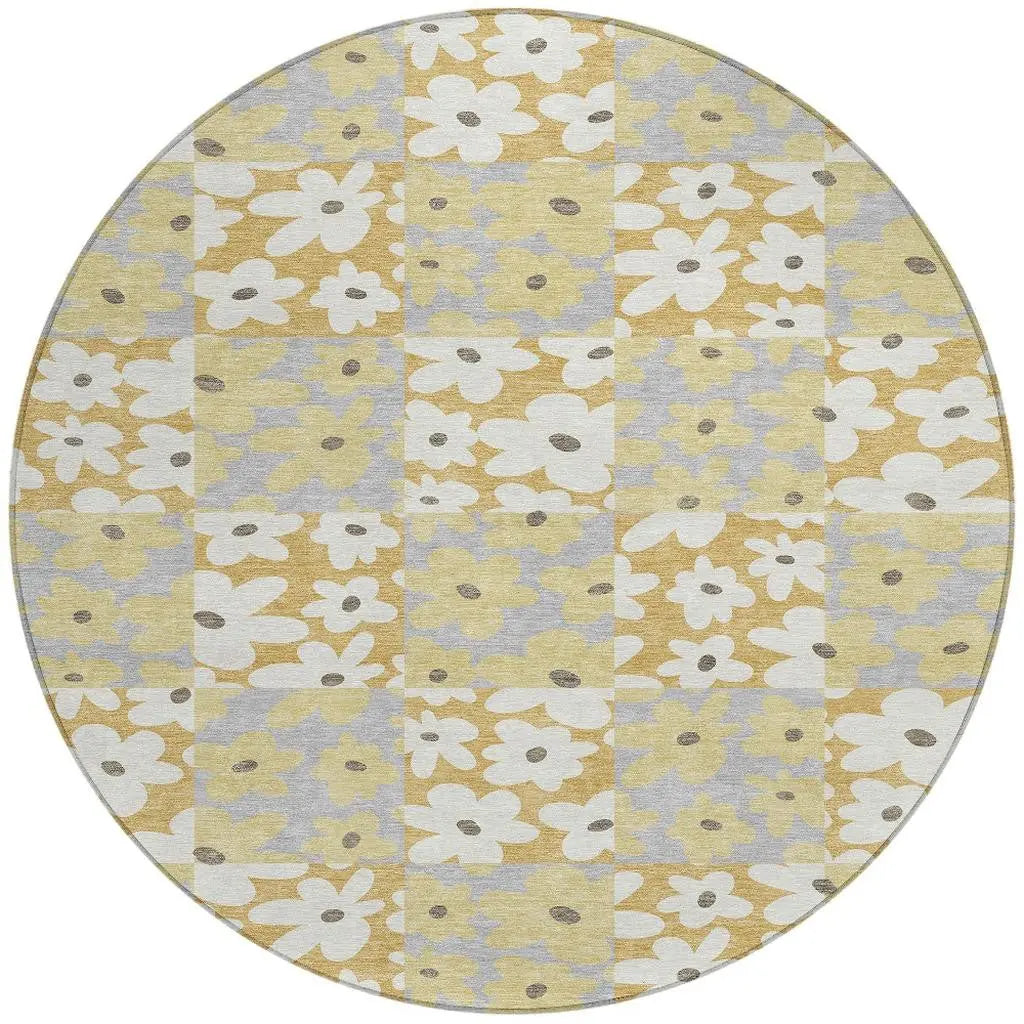 8' Gold And Ivory Round Floral Washable Indoor Outdoor Area Rug Homeroots Outdoor