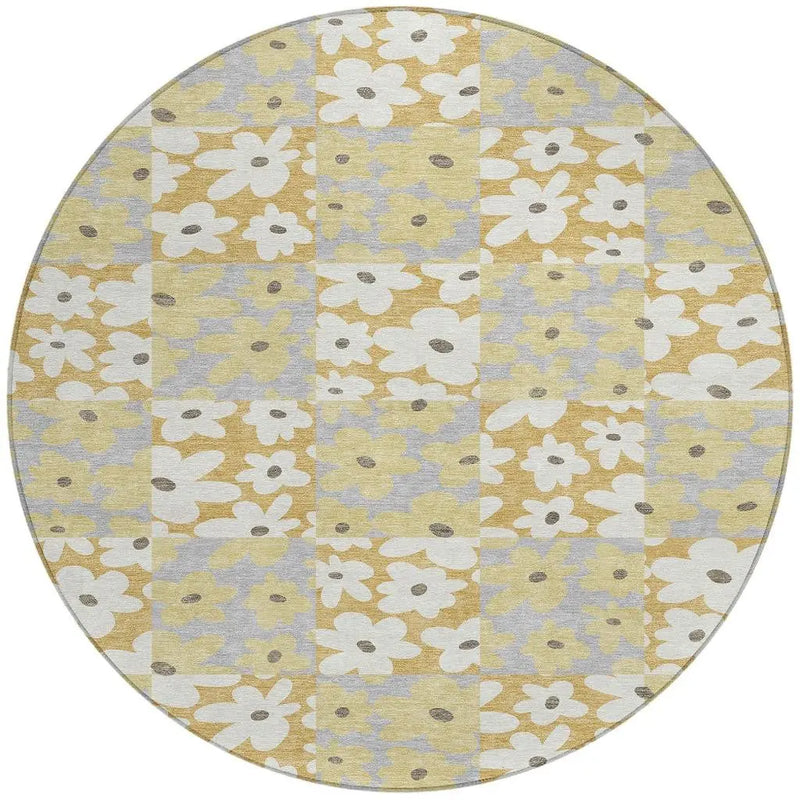 8' Gold And Ivory Round Floral Washable Indoor Outdoor Area Rug Homeroots Outdoor