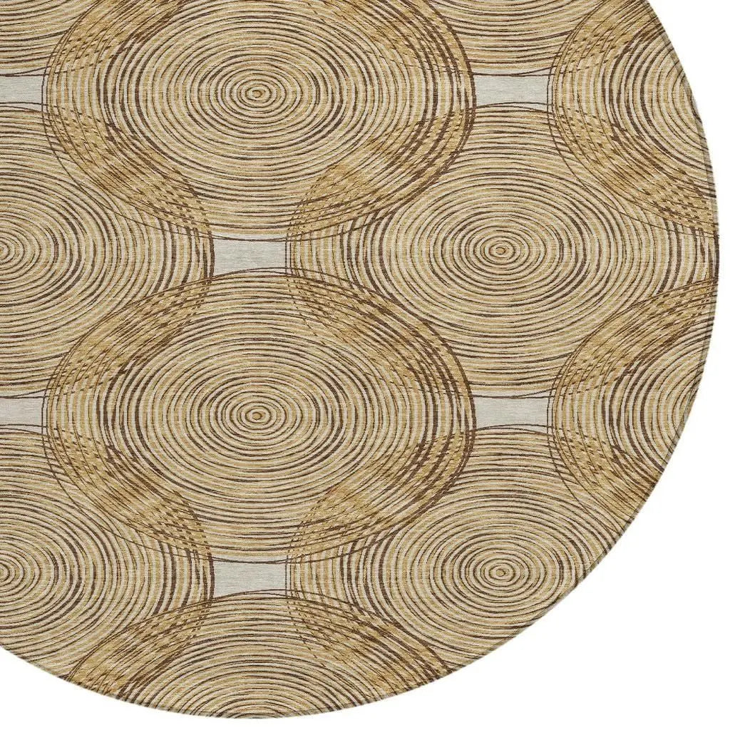 8' Gold And Ivory Round Geometric Washable Indoor Outdoor Area Rug Homeroots Outdoor