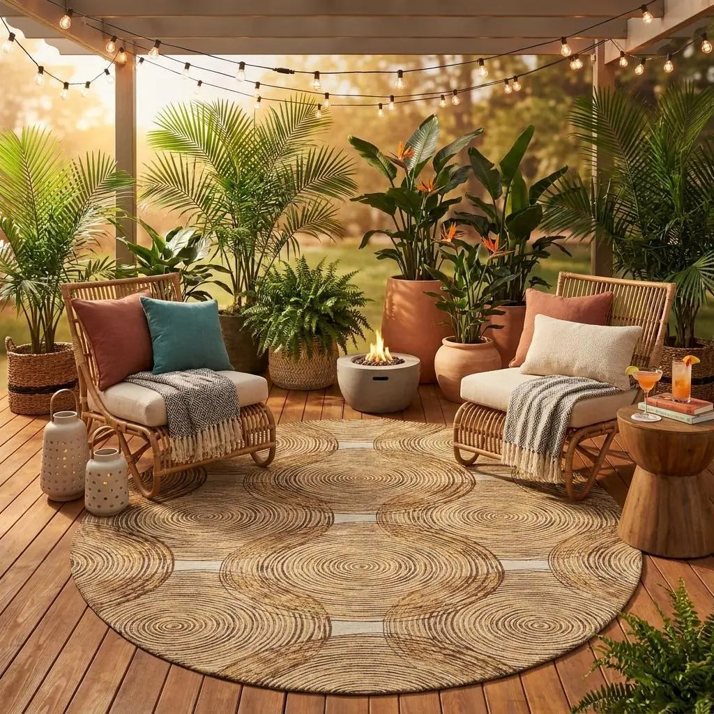 8' Gold And Ivory Round Geometric Washable Indoor Outdoor Area Rug Homeroots Outdoor
