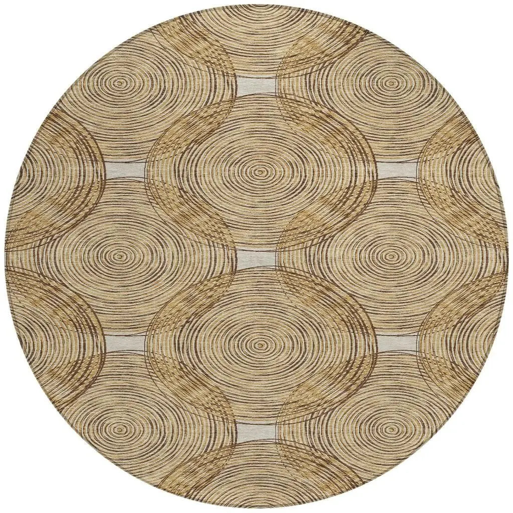 8' Gold And Ivory Round Geometric Washable Indoor Outdoor Area Rug Homeroots Outdoor