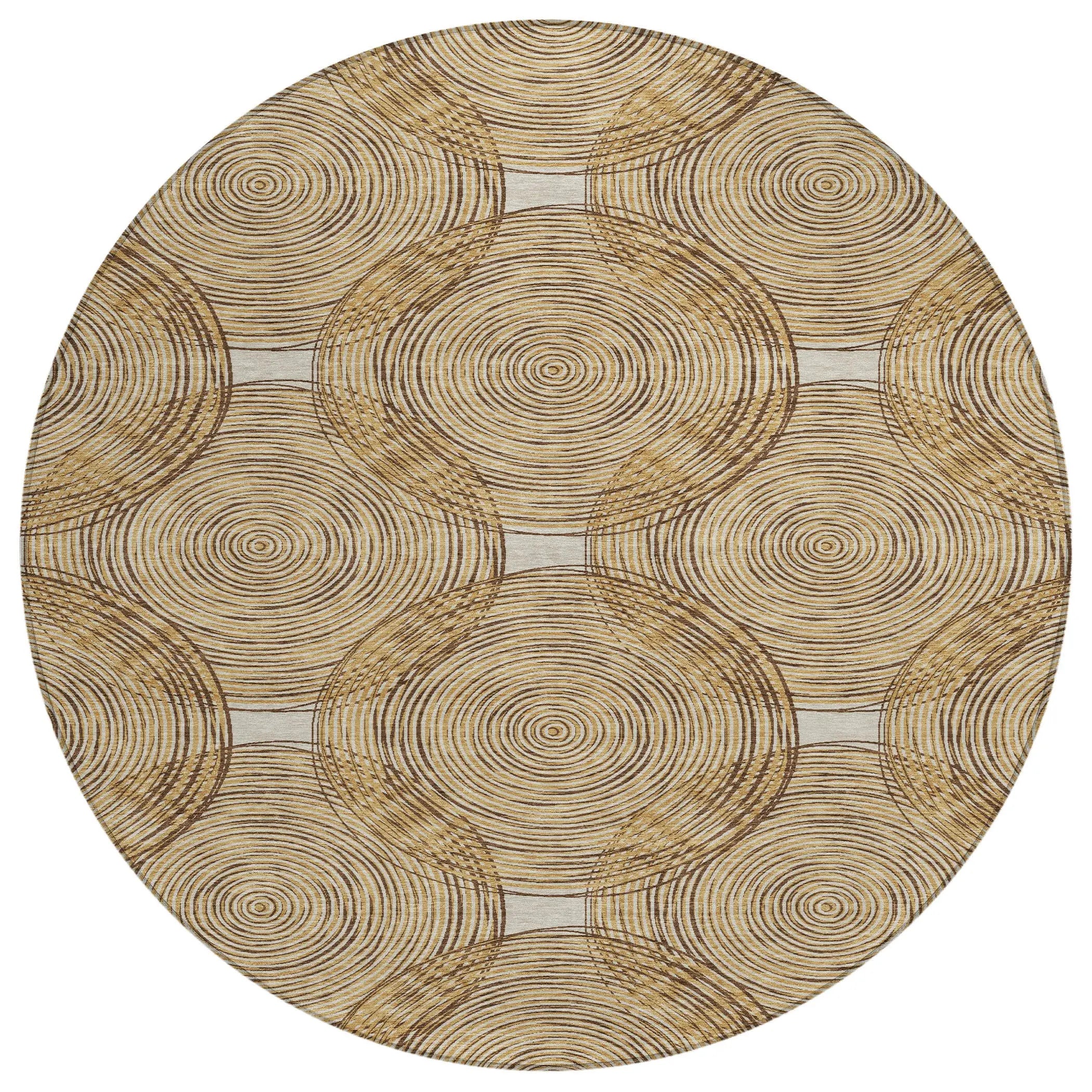 8' Gold And Ivory Round Geometric Washable Indoor Outdoor Area Rug Homeroots Outdoor