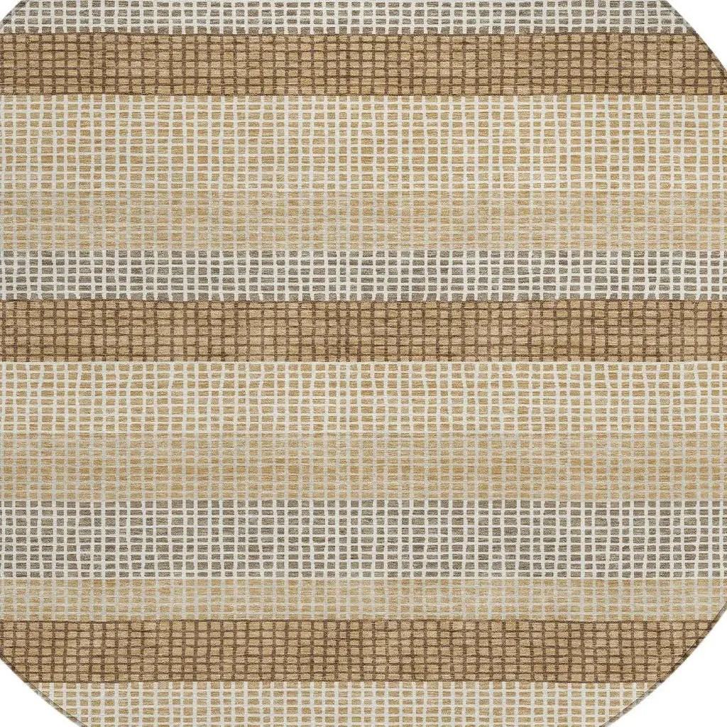 8' Gold And Ivory Round Striped Washable Indoor Outdoor Area Rug Homeroots Outdoor