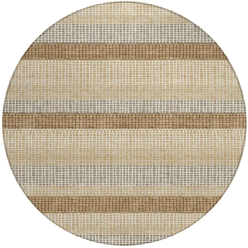 8' Gold And Ivory Round Striped Washable Indoor Outdoor Area Rug Homeroots Outdoor