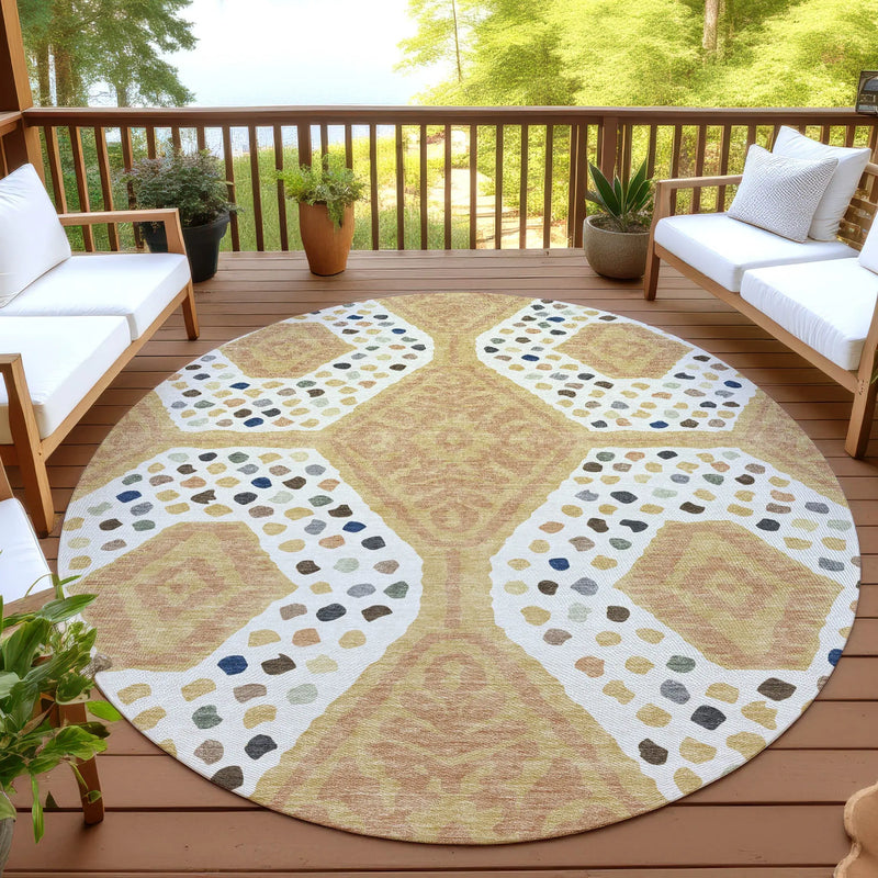 8' Gold And Ivory Round Tribal Washable Indoor Outdoor Area Rug Homeroots Outdoor