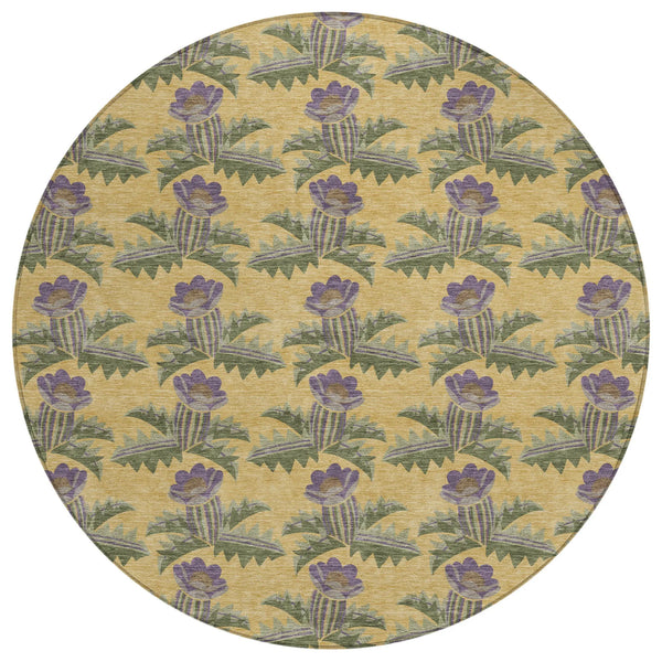 8' Gold And Khaki Round Floral Washable Indoor Outdoor Area Rug Homeroots Outdoor
