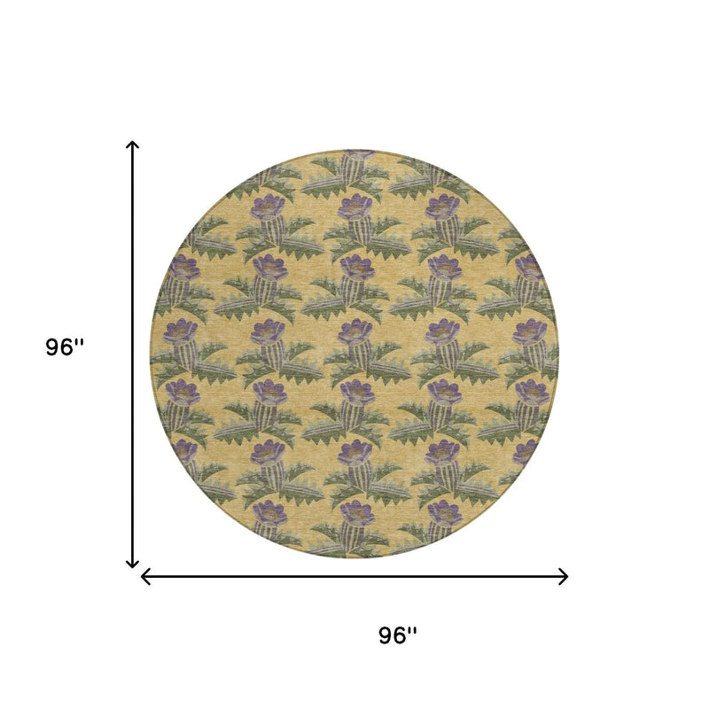 8' Gold And Khaki Round Floral Washable Indoor Outdoor Area Rug Homeroots Outdoor
