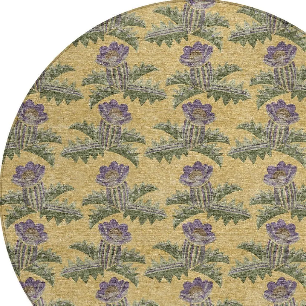 8' Gold And Khaki Round Floral Washable Indoor Outdoor Area Rug Homeroots Outdoor