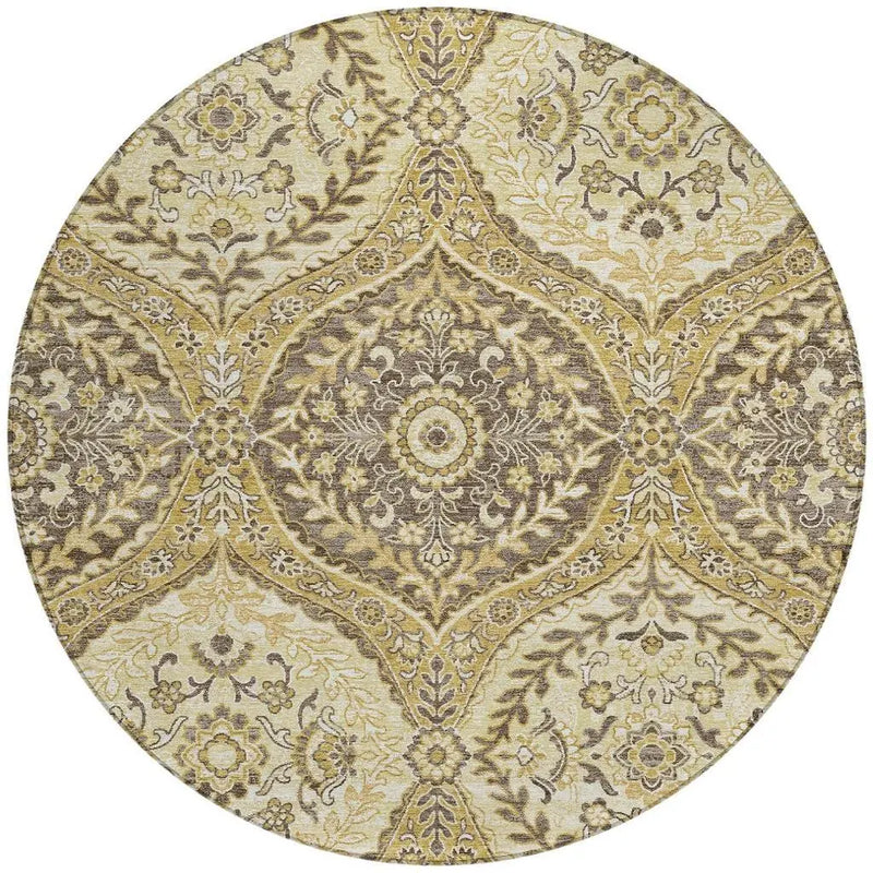 8' Gold And Khaki Round Ogee Washable Indoor Outdoor Area Rug Homeroots Outdoor