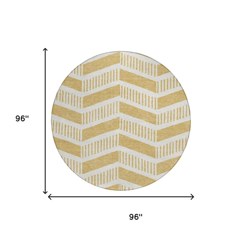 8' Gold And Linen Round Geometric Washable Indoor Outdoor Area Rug Homeroots Outdoor