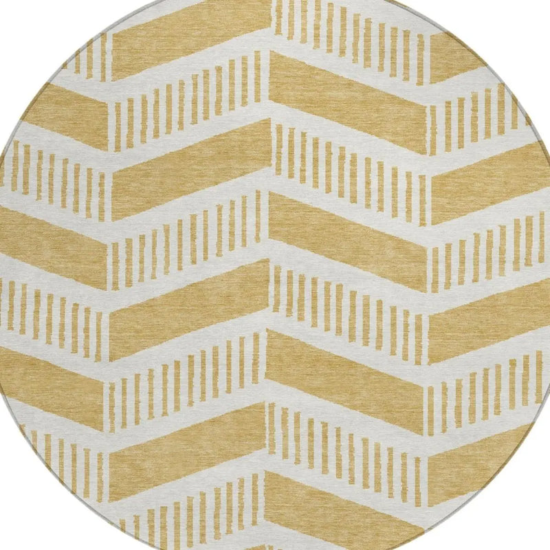 8' Gold And Linen Round Geometric Washable Indoor Outdoor Area Rug Homeroots Outdoor
