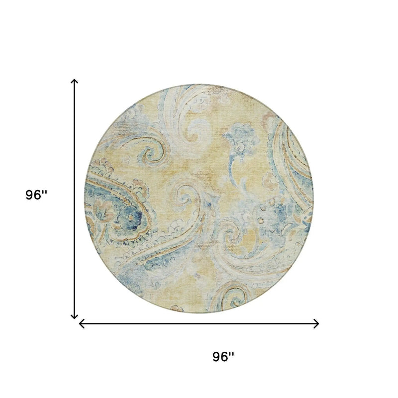 8' Gold And Mint Green Round Paisley Washable Indoor Outdoor Area Rug Homeroots Outdoor