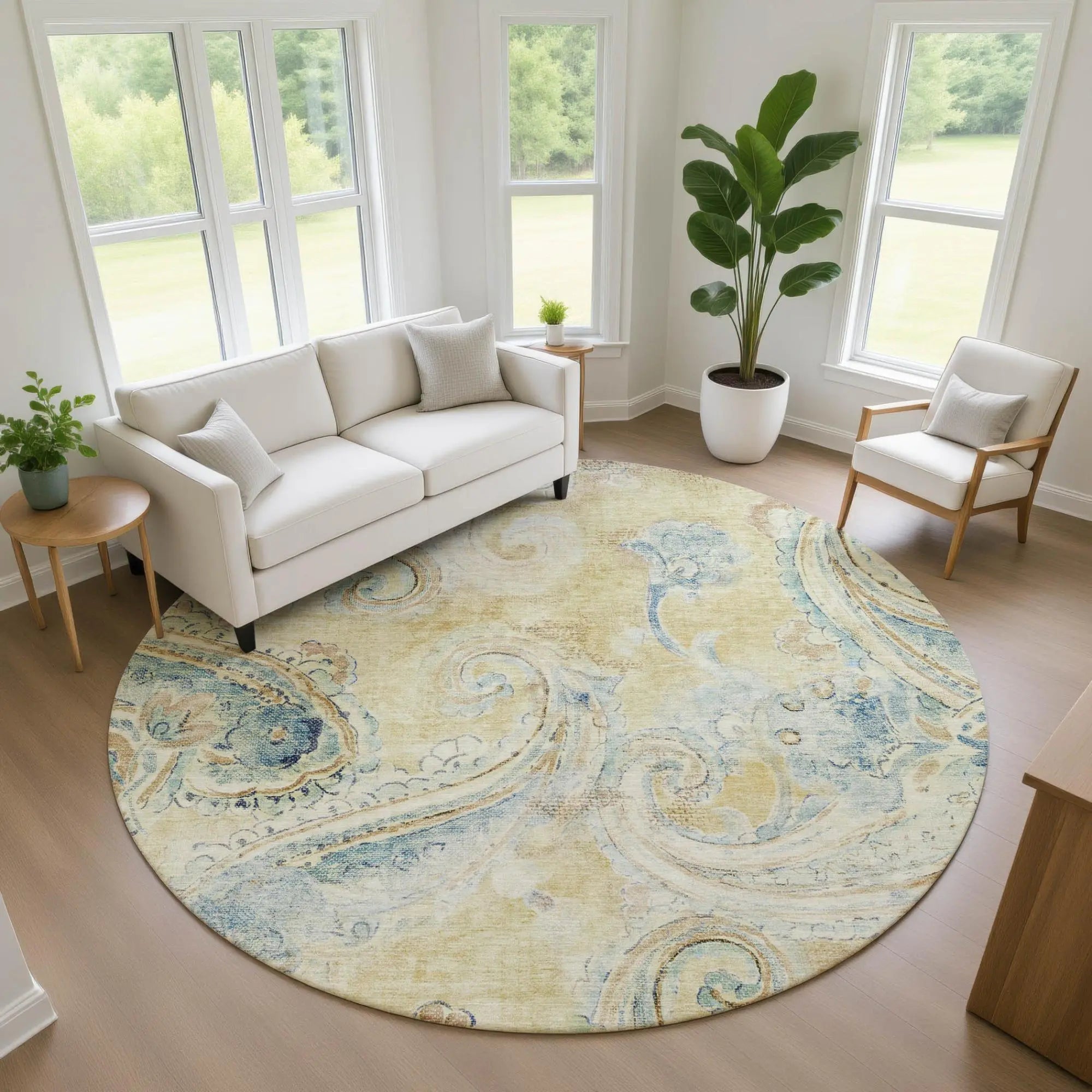 8' Gold And Mint Green Round Paisley Washable Indoor Outdoor Area Rug Homeroots Outdoor