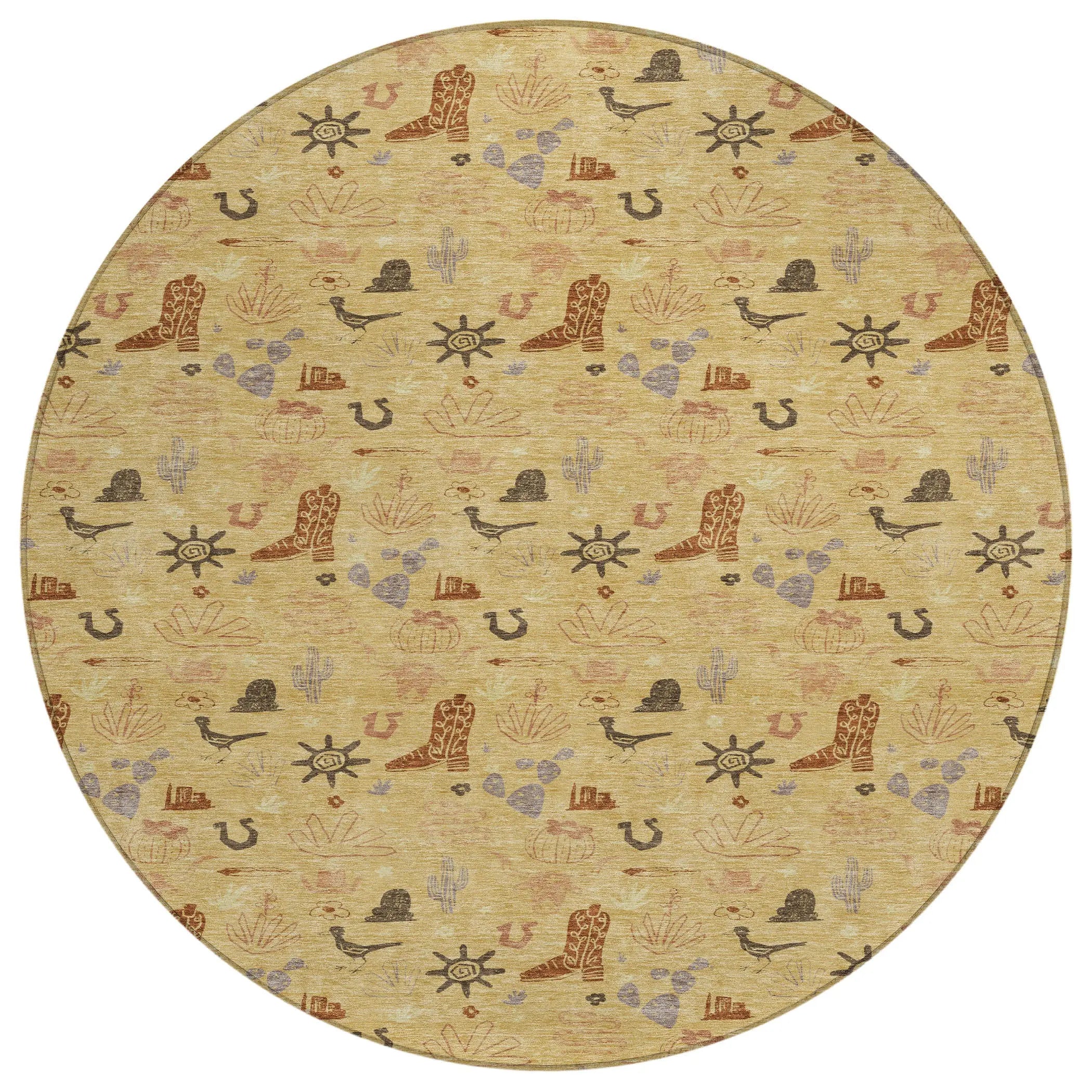 8' Gold And Orange Round Cactus Washable Indoor Outdoor Area Rug Homeroots Outdoor