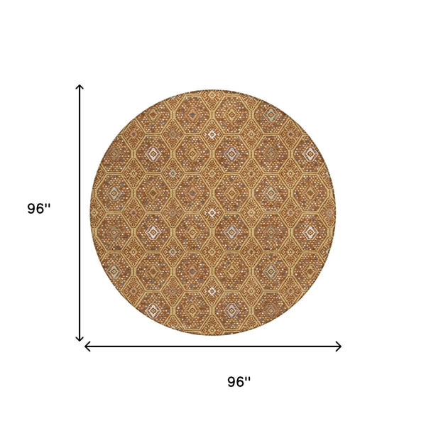 8' Gold And Orange Round Geometric Washable Indoor Outdoor Area Rug Homeroots Outdoor