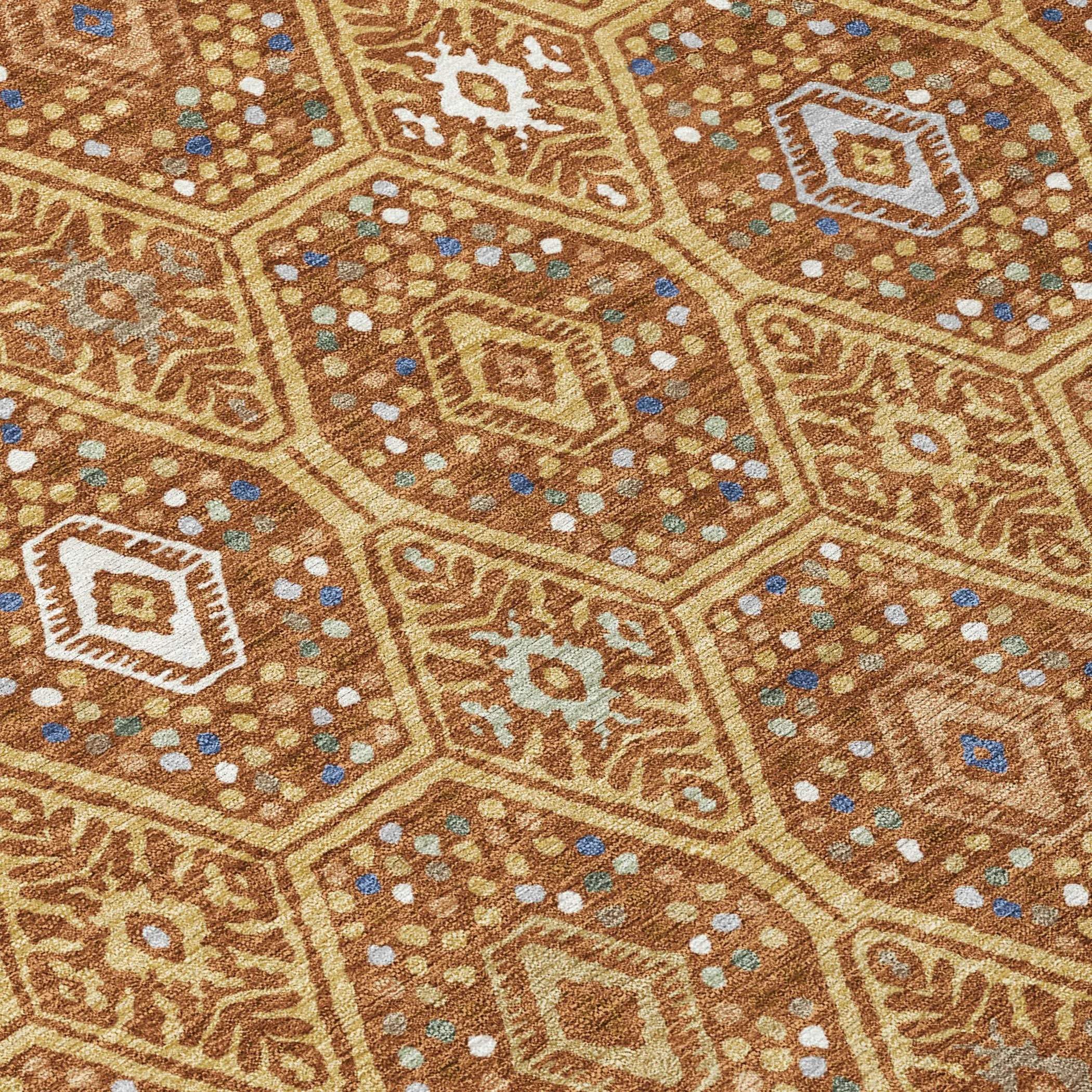 8' Gold And Orange Round Geometric Washable Indoor Outdoor Area Rug Homeroots Outdoor