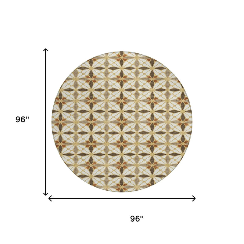 8' Gold And Orange Round Geometric Washable Indoor Outdoor Area Rug Homeroots Outdoor
