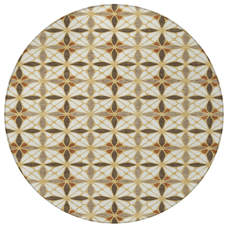 8' Gold And Orange Round Geometric Washable Indoor Outdoor Area Rug Homeroots Outdoor