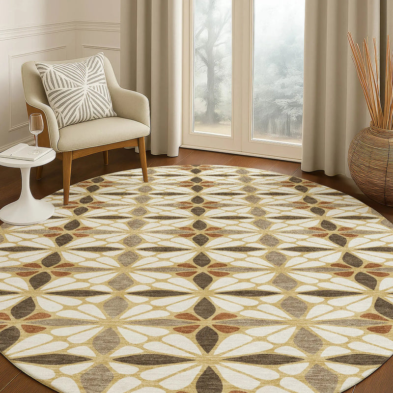 8' Gold And Orange Round Geometric Washable Indoor Outdoor Area Rug Homeroots Outdoor
