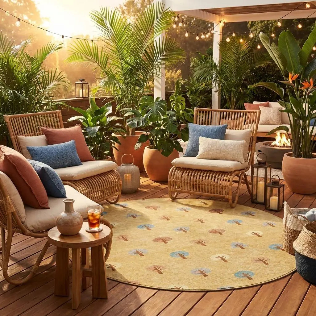 8' Gold And Orange Round Geometric Washable Indoor Outdoor Area Rug Homeroots Outdoor