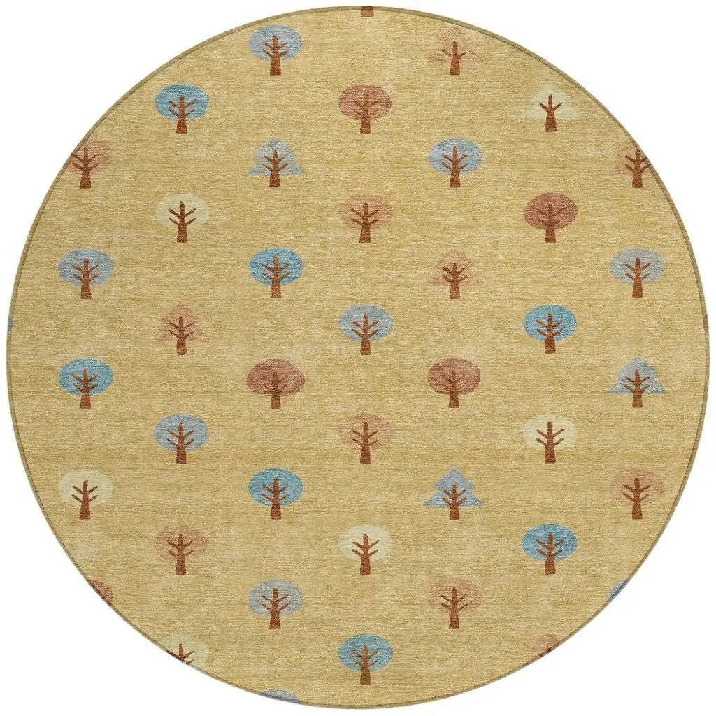 8' Gold And Orange Round Geometric Washable Indoor Outdoor Area Rug Homeroots Outdoor