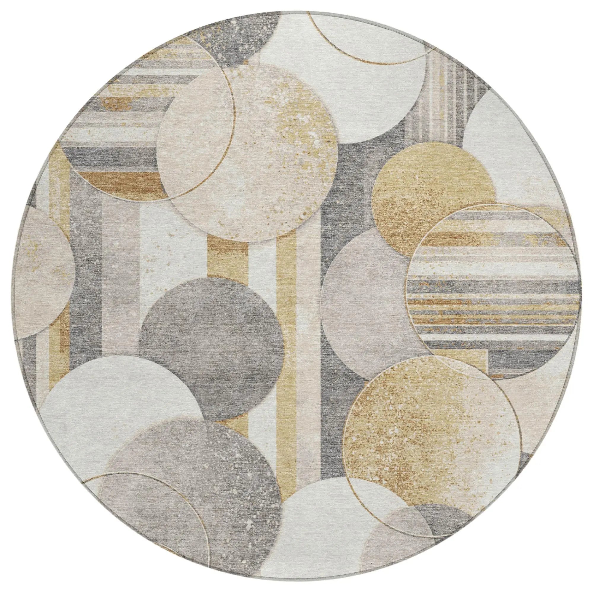 8' Gold And Pewter Round Geometric Washable Indoor Outdoor Area Rug Homeroots Outdoor