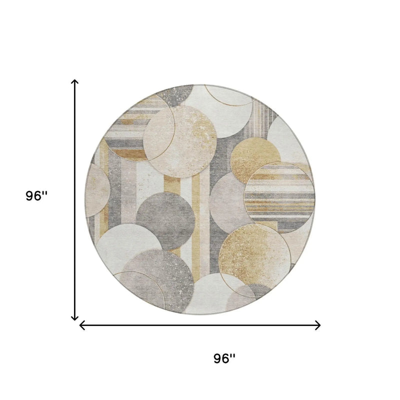 8' Gold And Pewter Round Geometric Washable Indoor Outdoor Area Rug Homeroots Outdoor