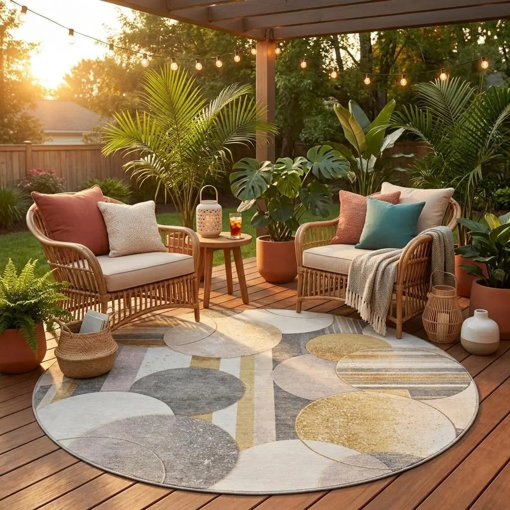 8' Gold And Pewter Round Geometric Washable Indoor Outdoor Area Rug Homeroots Outdoor