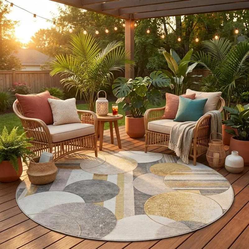 8' Gold And Pewter Round Geometric Washable Indoor Outdoor Area Rug Homeroots Outdoor