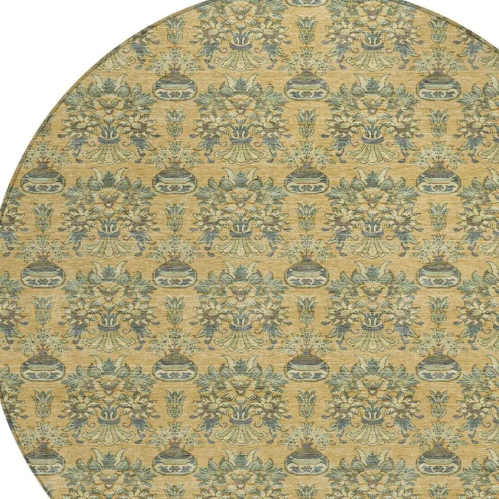 8' Gold And Silver Round Floral Washable Indoor Outdoor Area Rug Homeroots Outdoor