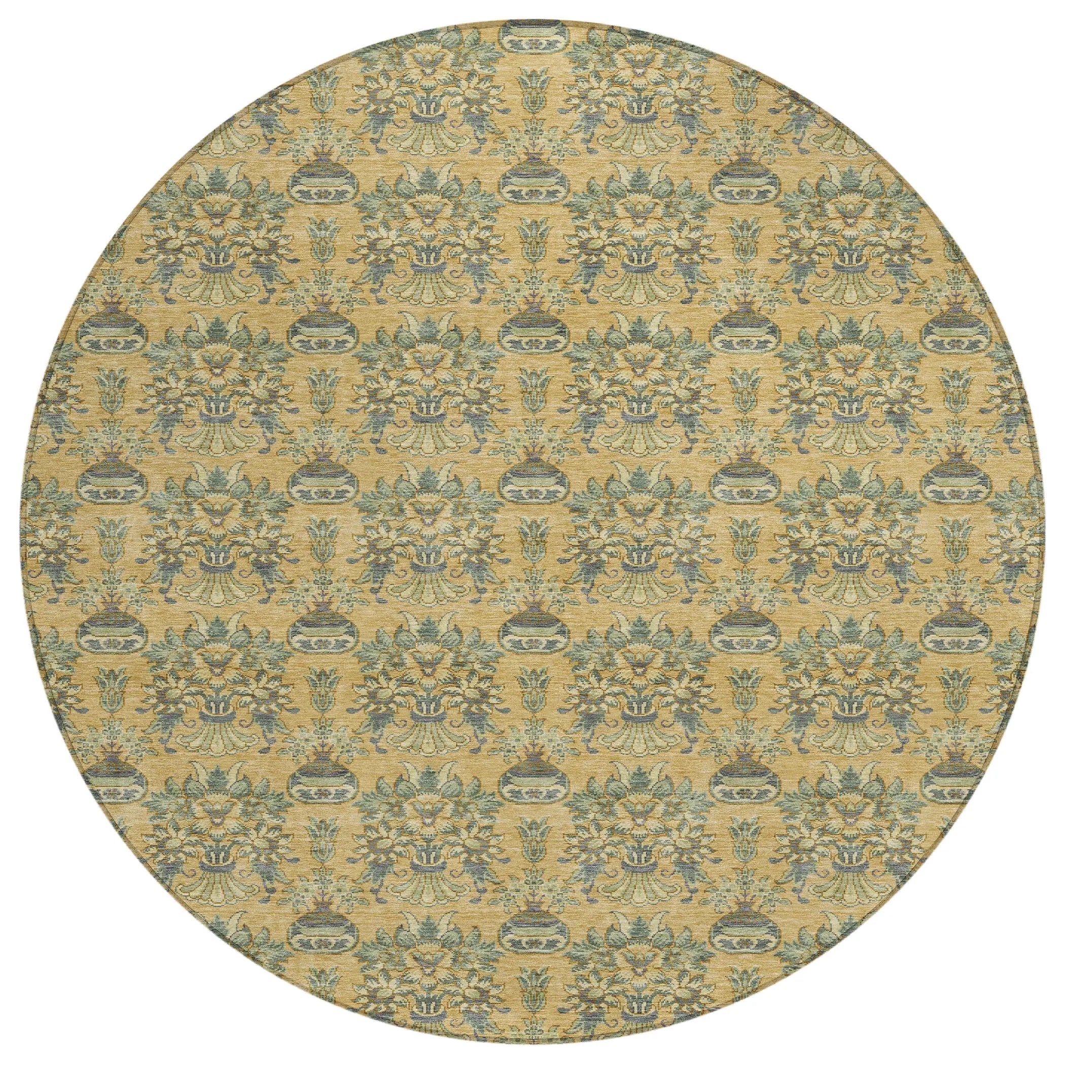 8' Gold And Silver Round Floral Washable Indoor Outdoor Area Rug Homeroots Outdoor