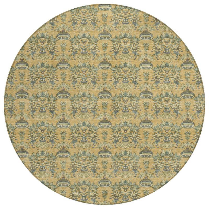 8' Gold And Silver Round Floral Washable Indoor Outdoor Area Rug Homeroots Outdoor