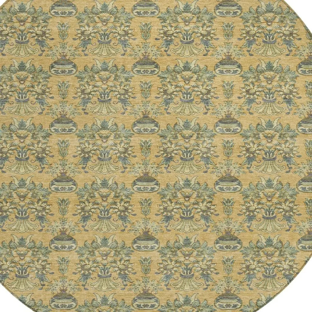 8' Gold And Silver Round Floral Washable Indoor Outdoor Area Rug Homeroots Outdoor