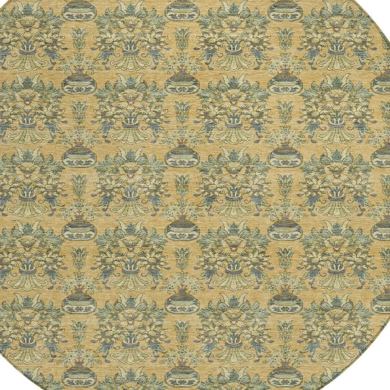 8' Gold And Silver Round Floral Washable Indoor Outdoor Area Rug Homeroots Outdoor