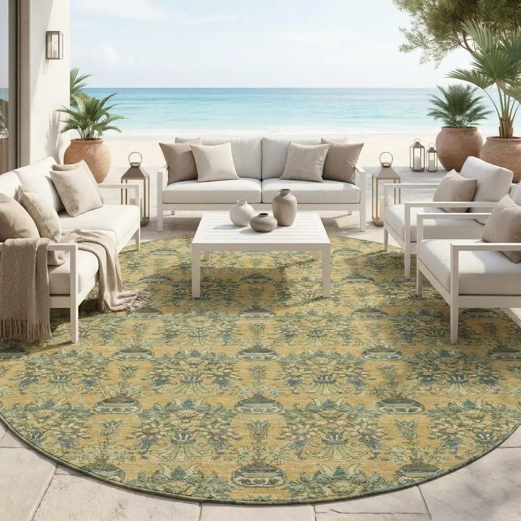8' Gold And Silver Round Floral Washable Indoor Outdoor Area Rug Homeroots Outdoor