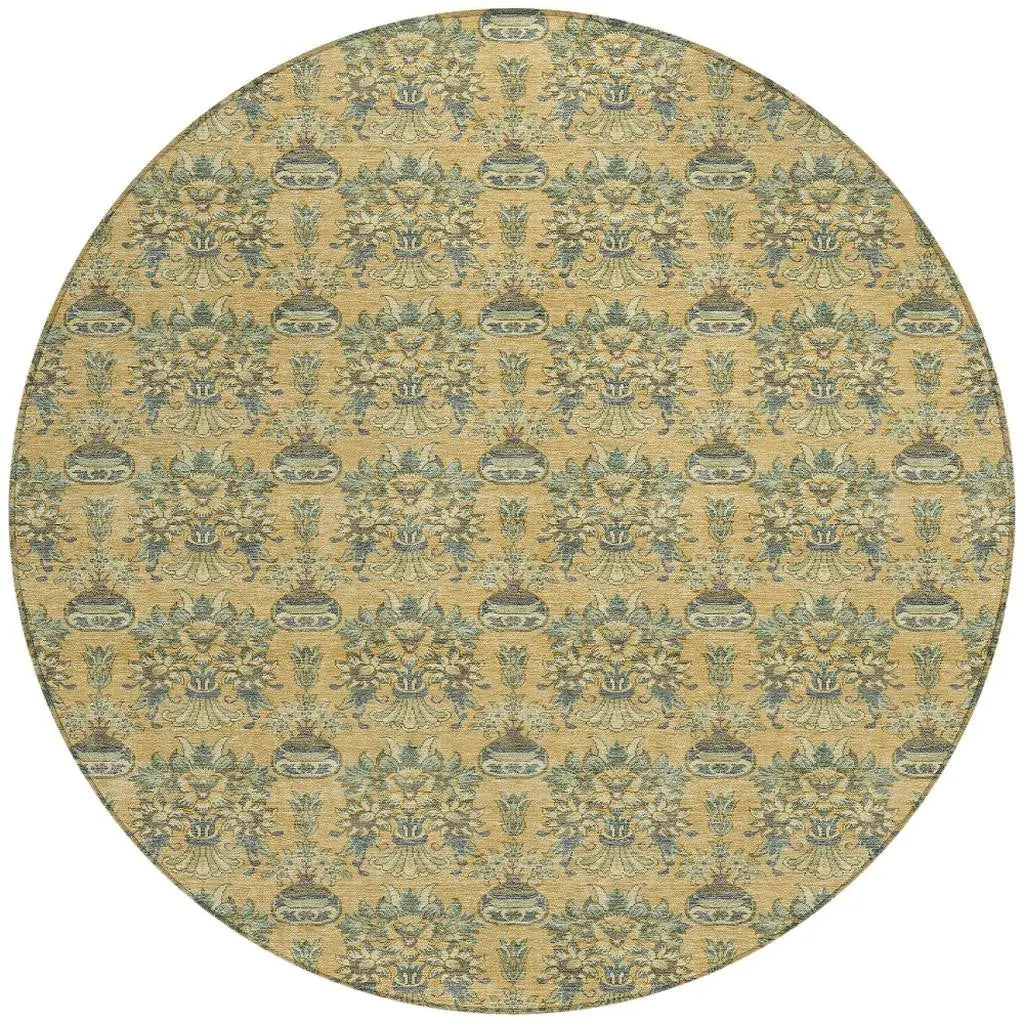 8' Gold And Silver Round Floral Washable Indoor Outdoor Area Rug Homeroots Outdoor