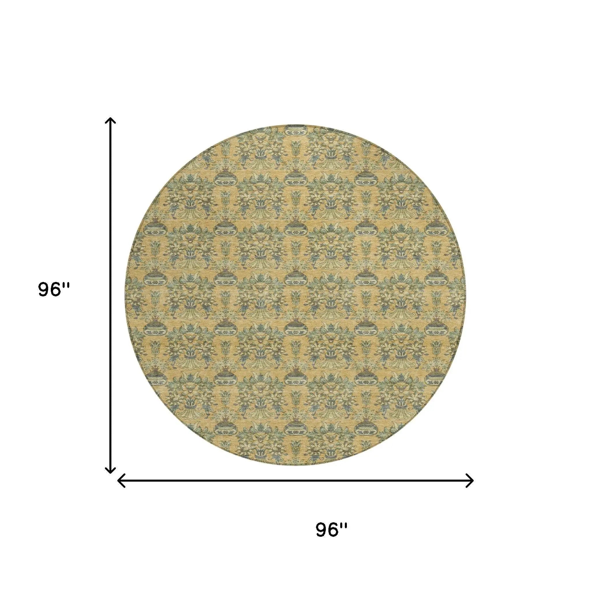 8' Gold And Silver Round Floral Washable Indoor Outdoor Area Rug Homeroots Outdoor