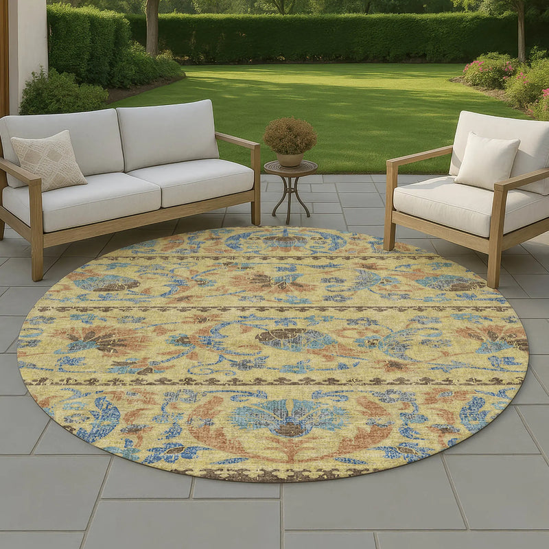 8' Gold And Teal Blue Round Floral Washable Indoor Outdoor Area Rug Homeroots Outdoor