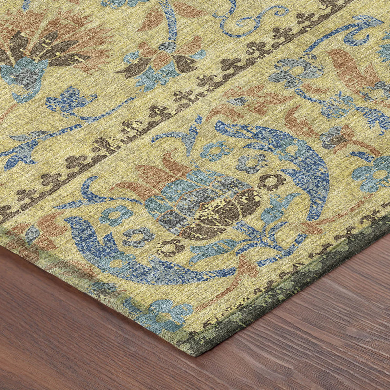 8' Gold And Teal Blue Round Floral Washable Indoor Outdoor Area Rug Homeroots Outdoor