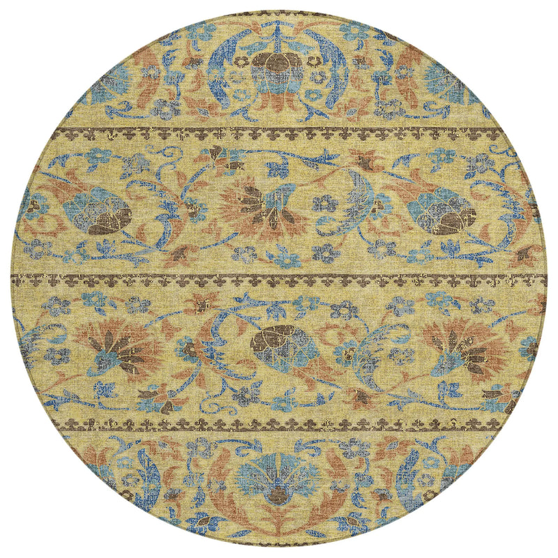 8' Gold And Teal Blue Round Floral Washable Indoor Outdoor Area Rug Homeroots Outdoor