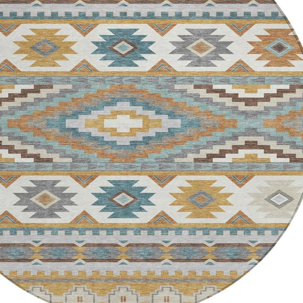 8' Gold And Teal Blue Round Southwestern Washable Indoor Outdoor Area Rug Homeroots Outdoor