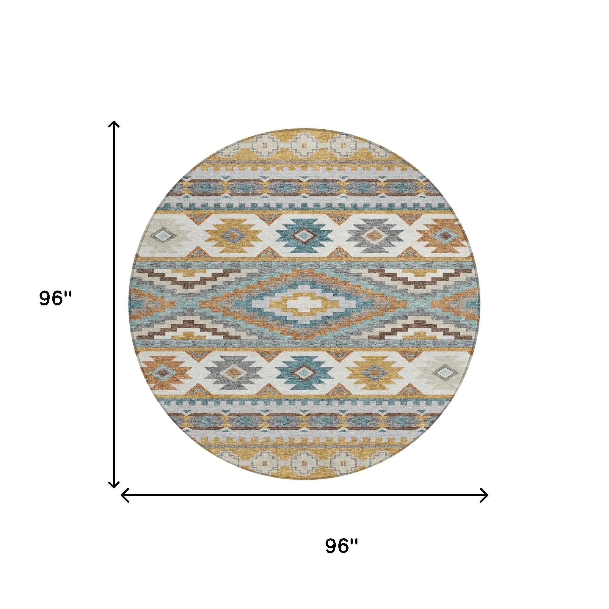 8' Gold And Teal Blue Round Southwestern Washable Indoor Outdoor Area Rug Homeroots Outdoor