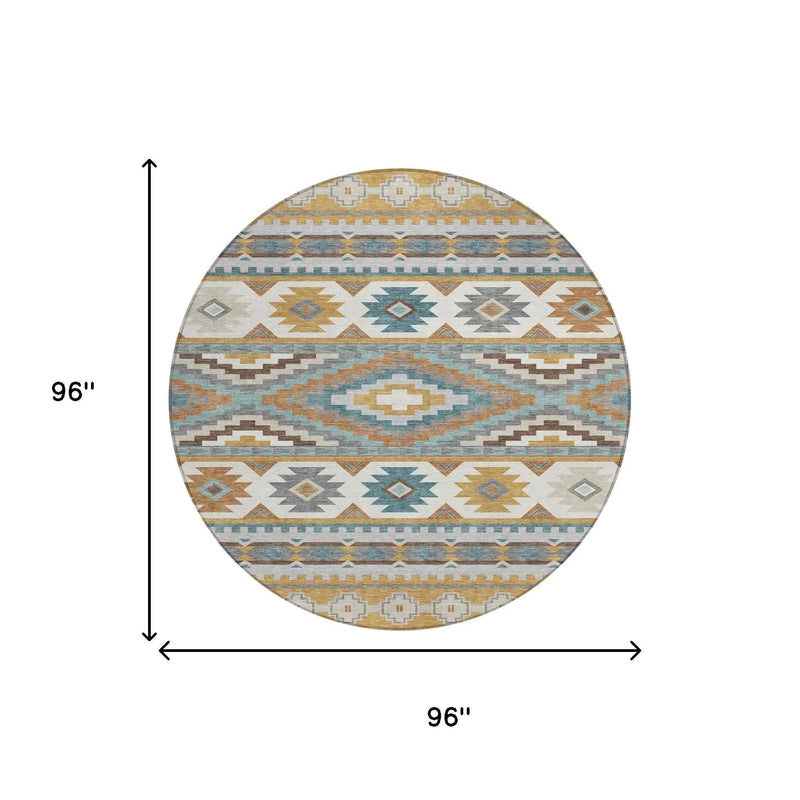 8' Gold And Teal Blue Round Southwestern Washable Indoor Outdoor Area Rug Homeroots Outdoor