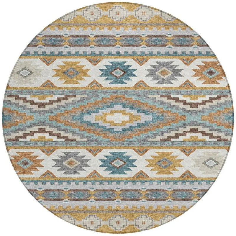 8' Gold And Teal Blue Round Southwestern Washable Indoor Outdoor Area Rug Homeroots Outdoor