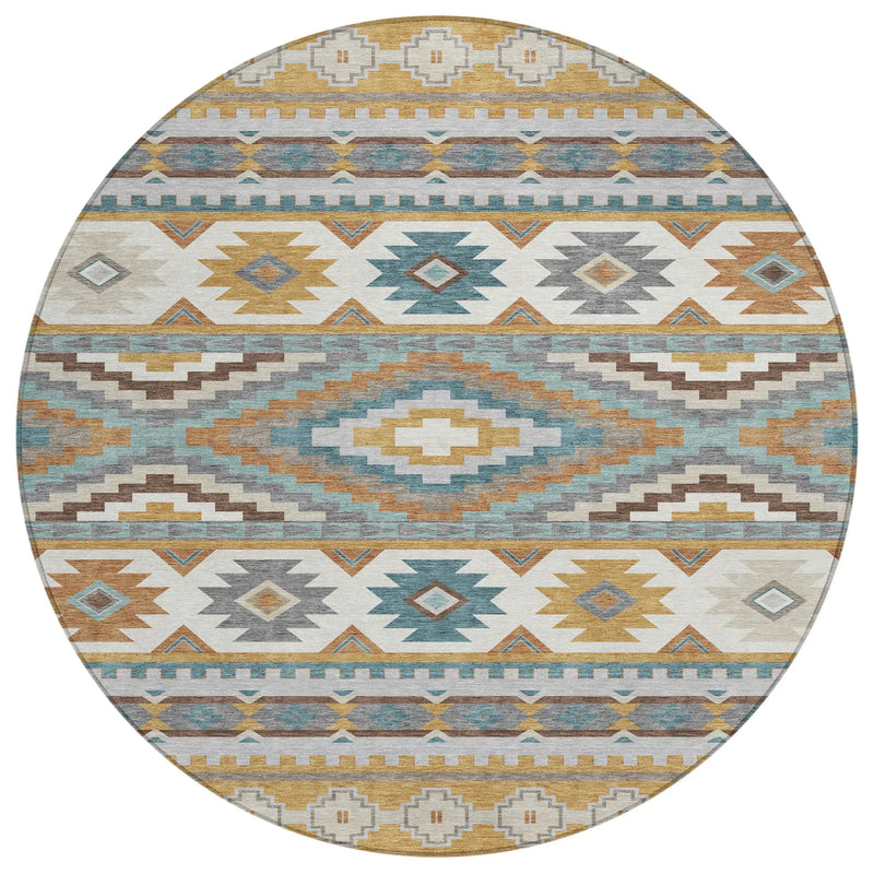 8' Gold And Teal Blue Round Southwestern Washable Indoor Outdoor Area Rug Homeroots Outdoor