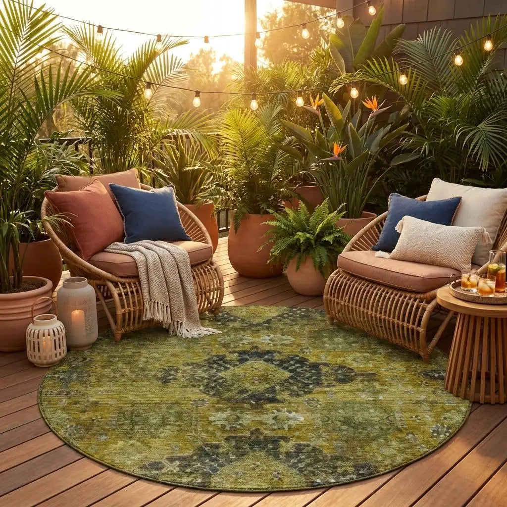 8' Gold And Walnut Round Oriental Washable Indoor Outdoor Area Rug Homeroots Outdoor